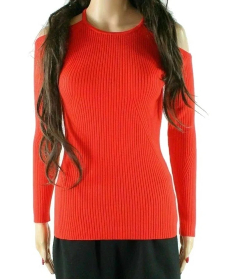 Trina Turk Women's Small Merino Wool Cold Shoulder Red Ribbed Sweater S5-2